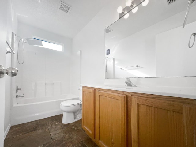 full bathroom featuring toilet, vanity, and  shower combination