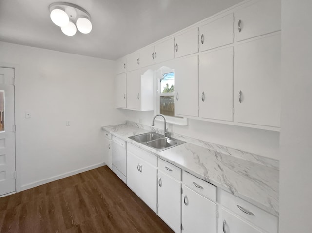 kitchen featuring baseboards, white cabinets, dishwasher, dark wood-style floors, and a sink