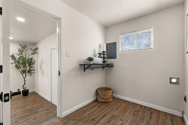 interior space with wood-type flooring, electric panel, and a textured ceiling