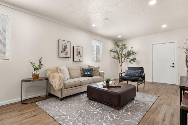 living room with hardwood / wood-style flooring and a textured ceiling