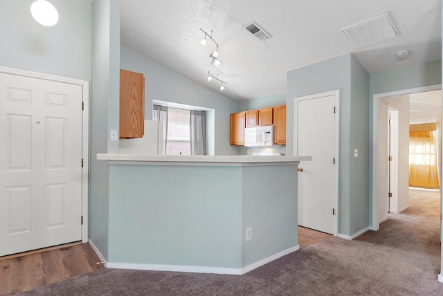 kitchen with light carpet, kitchen peninsula, and white appliances