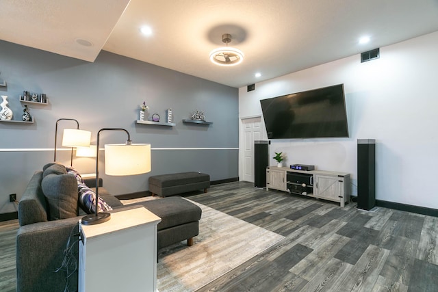 living room with dark hardwood / wood-style flooring