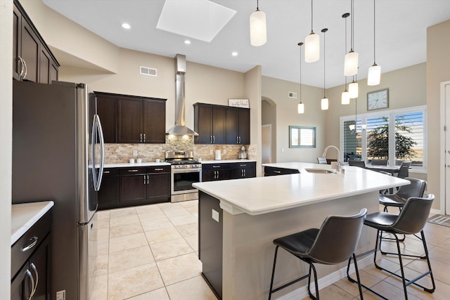 kitchen featuring visible vents, decorative backsplash, wall chimney exhaust hood, appliances with stainless steel finishes, and a sink