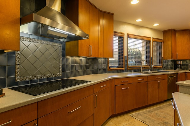 kitchen with light tile patterned flooring, sink, black electric stovetop, range hood, and decorative backsplash