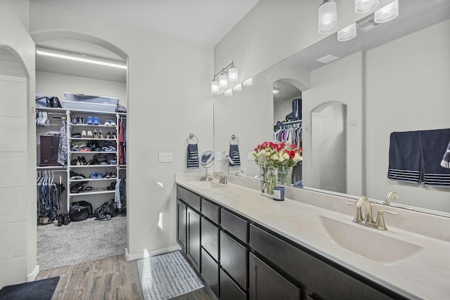 bathroom featuring a sink, a walk in closet, wood finished floors, and double vanity