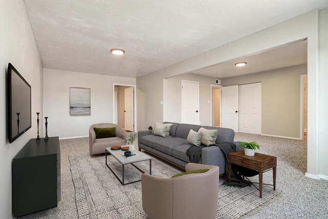 carpeted living room featuring a textured ceiling