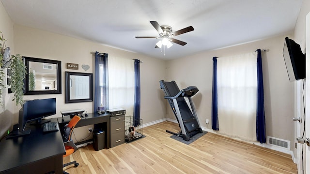 office featuring ceiling fan and light wood-type flooring