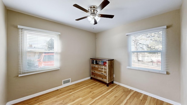 interior space featuring ceiling fan and light wood-type flooring