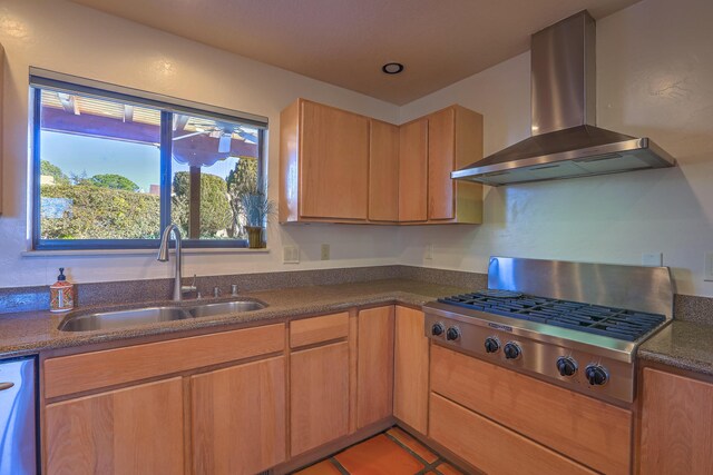 kitchen with sink, wall chimney range hood, stainless steel appliances, and light tile patterned flooring