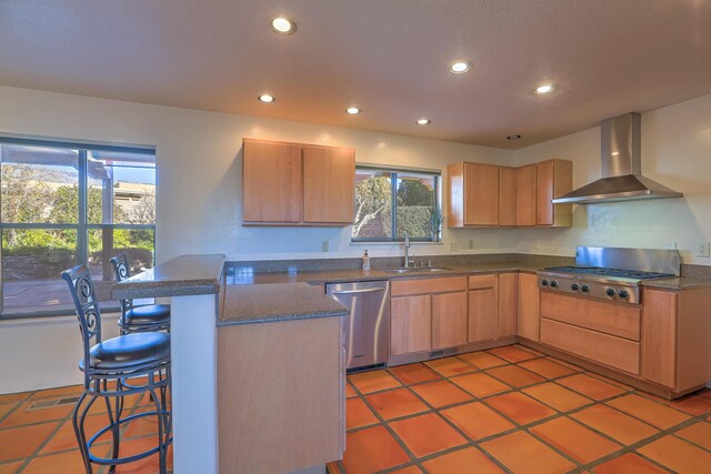 kitchen featuring stainless steel appliances, a kitchen breakfast bar, wall chimney range hood, a wealth of natural light, and sink