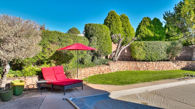 view of swimming pool featuring a patio area and a lawn