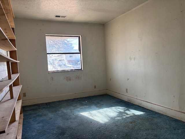 empty room with a textured ceiling and carpet floors