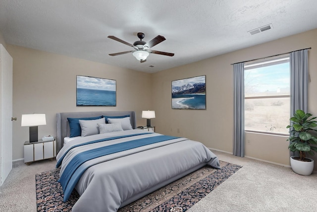 carpeted bedroom with ceiling fan, multiple windows, and a textured ceiling