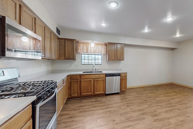 kitchen featuring sink, appliances with stainless steel finishes, and light wood-type flooring