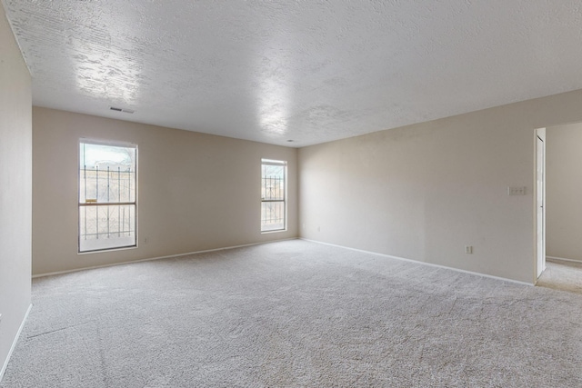 empty room with a textured ceiling and light carpet