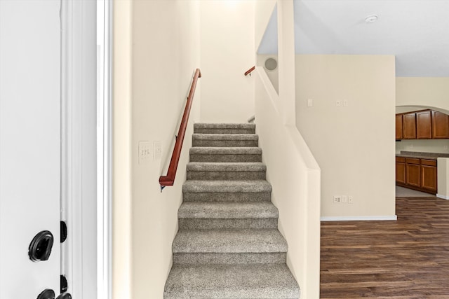 stairway with hardwood / wood-style floors