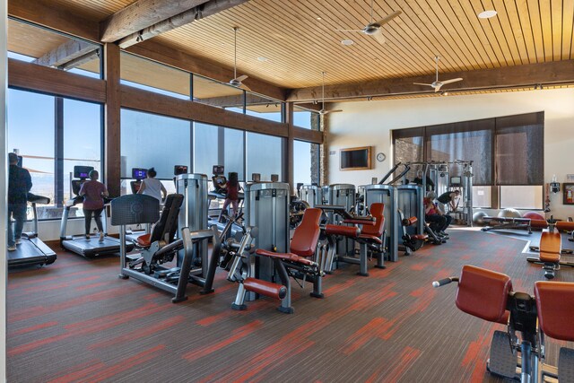 gym featuring ceiling fan, a high ceiling, dark carpet, and wood ceiling