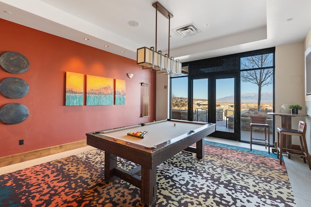 recreation room featuring french doors, visible vents, billiards, and a healthy amount of sunlight