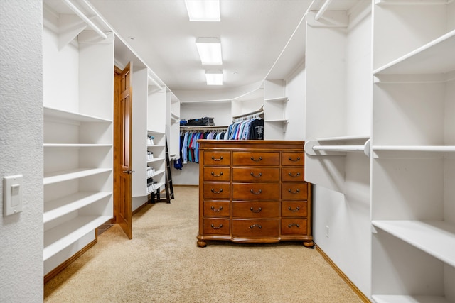 walk in closet with light carpet