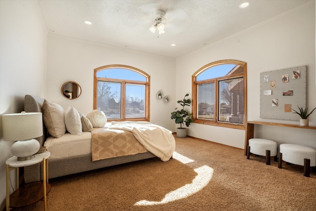 bedroom featuring carpet floors, baseboards, a textured ceiling, and recessed lighting