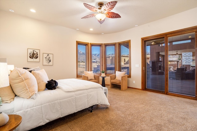 carpeted bedroom with a ceiling fan, access to outside, baseboards, and recessed lighting