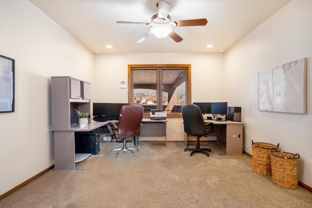 office space with ceiling fan, recessed lighting, carpet flooring, and baseboards