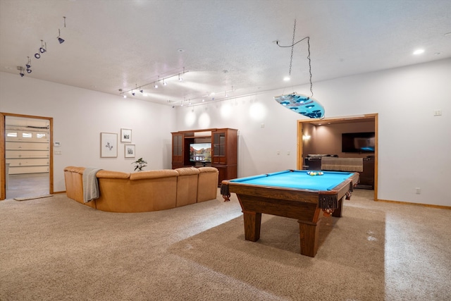 rec room featuring carpet floors, recessed lighting, rail lighting, billiards, and baseboards