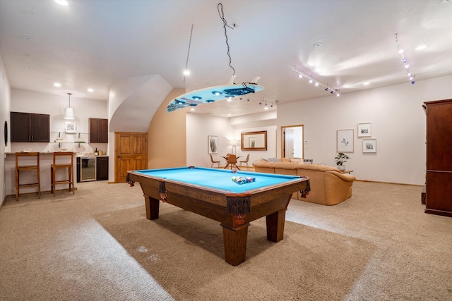 recreation room featuring light colored carpet, wine cooler, pool table, track lighting, and recessed lighting