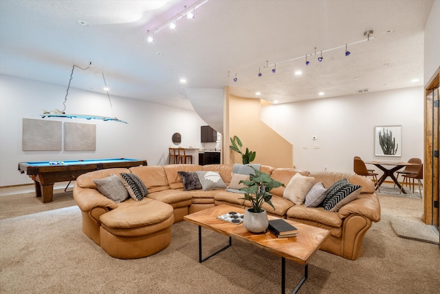 carpeted living area with visible vents, billiards, rail lighting, and recessed lighting