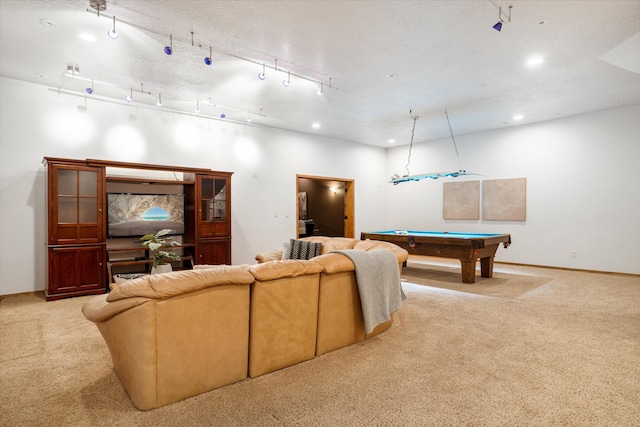 playroom featuring carpet floors, rail lighting, pool table, and recessed lighting