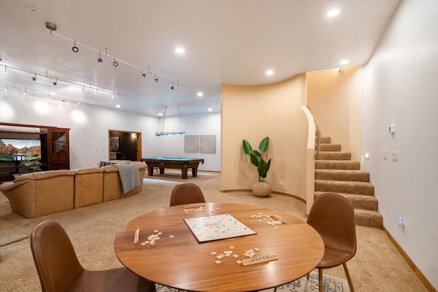 dining room featuring pool table, recessed lighting, stairs, and light colored carpet