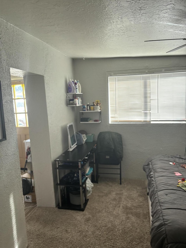 bedroom with a textured ceiling, carpet flooring, and a textured wall