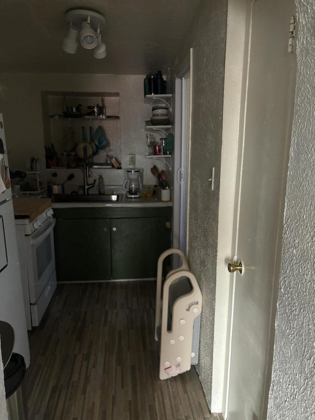 kitchen with sink, dark hardwood / wood-style flooring, and white stove