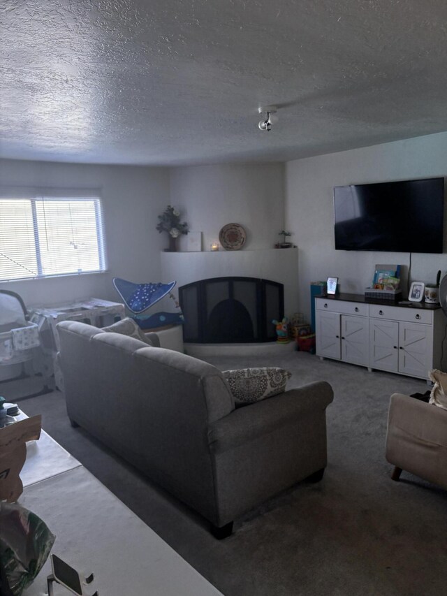 living room featuring dark colored carpet and a textured ceiling