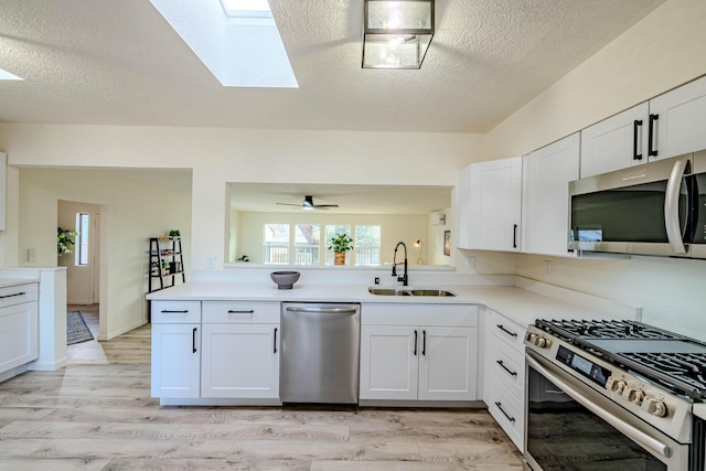 kitchen with a skylight, stainless steel appliances, a sink, and light countertops