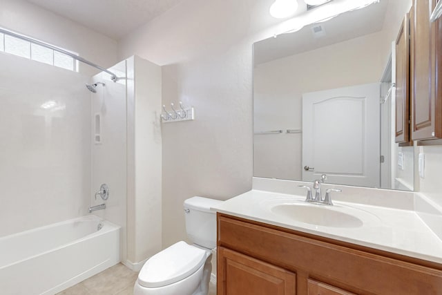 full bathroom featuring shower / bathtub combination, vanity, toilet, and tile patterned flooring