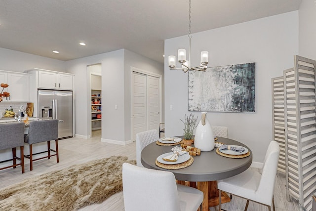 dining room with light hardwood / wood-style floors and a notable chandelier