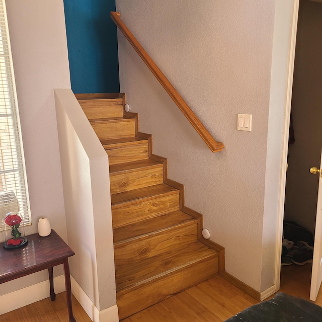 staircase with hardwood / wood-style floors