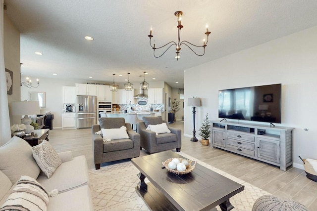 living room with an inviting chandelier and light hardwood / wood-style floors