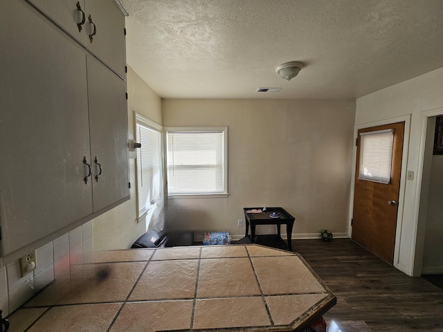 interior space featuring a textured ceiling and dark hardwood / wood-style flooring