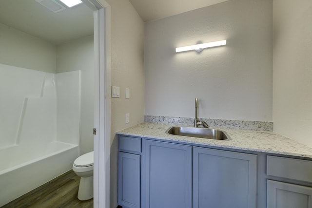 bathroom with toilet, vanity, and wood-type flooring