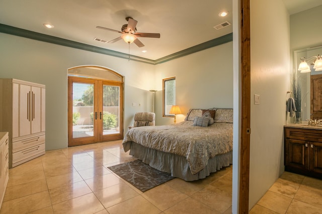 bedroom with french doors, access to exterior, sink, ceiling fan, and light tile patterned floors