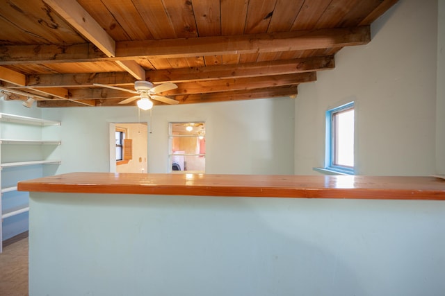 kitchen featuring beam ceiling, ceiling fan, washer / dryer, and wooden ceiling