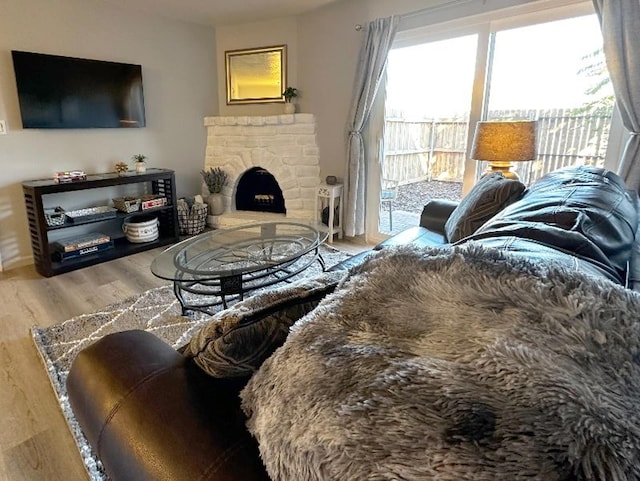 living room featuring hardwood / wood-style flooring and a fireplace