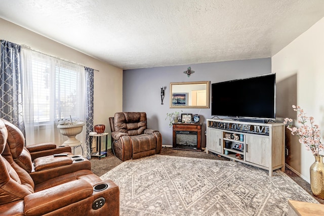 living room with a textured ceiling and carpet flooring