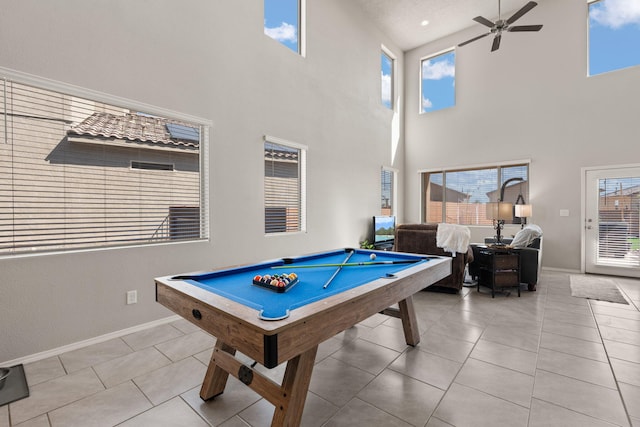 playroom featuring light tile patterned flooring, pool table, and plenty of natural light