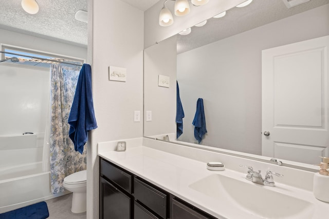 full bathroom with vanity, shower / bath combo, toilet, and a textured ceiling