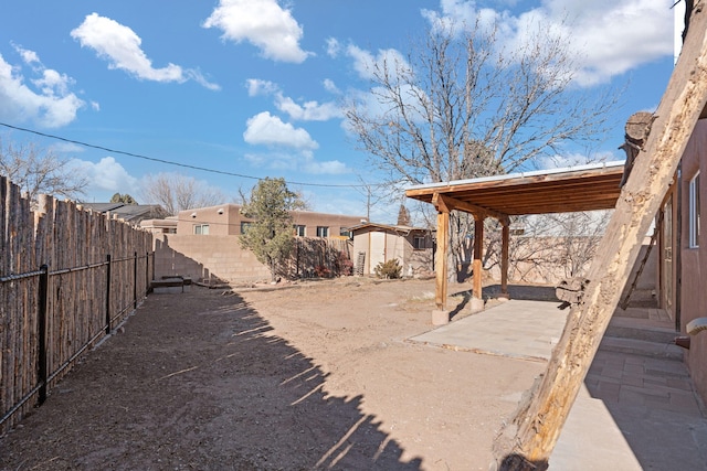 view of yard with a shed and a patio area