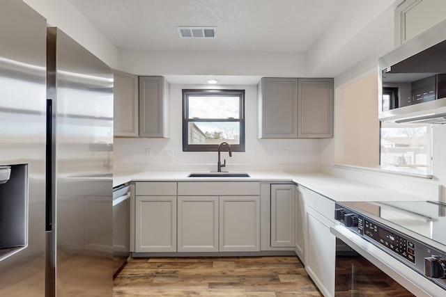 kitchen with sink, gray cabinets, stainless steel appliances, and light hardwood / wood-style floors