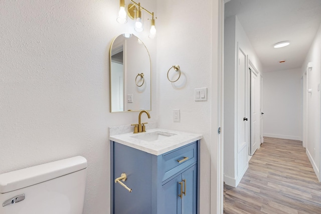 bathroom featuring vanity, toilet, and hardwood / wood-style floors